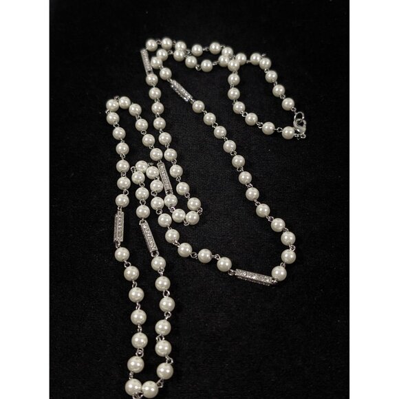 Retro White Faux Pearl Rhinestone Bar Necklace Long Layering Bridal Wedding 40" - Picture 2 of 7